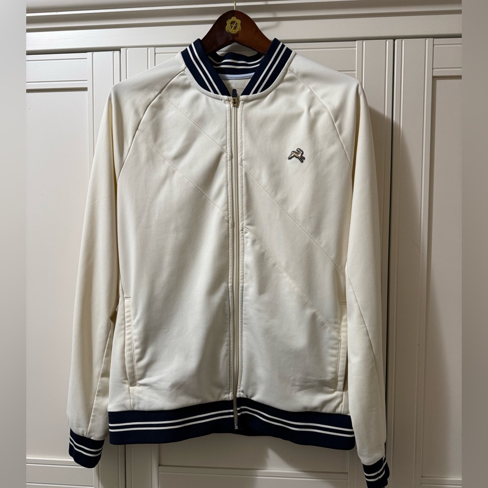 Tracksmith Ivory and Navy Bomber Jacket Men’s Medium